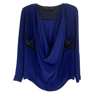 Ann Yee Avant Garde Sz S Navy Blue & Black Silk Cowl Neck Top Blouse Popover USA